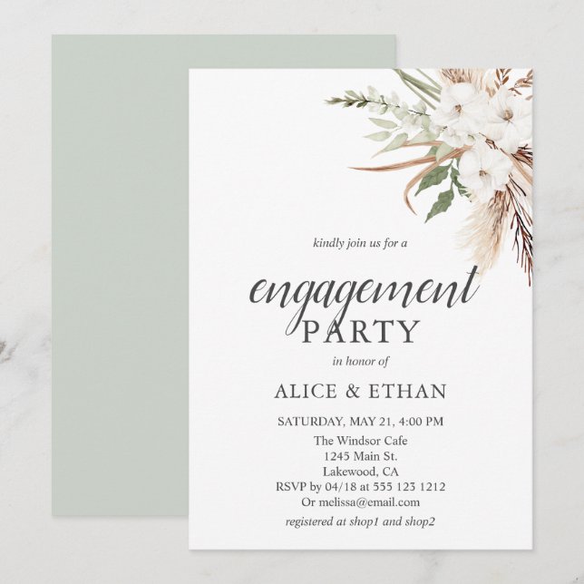 Boho Greenery Pampa Grass Engagement Party Invitat Invitation (Front/Back)