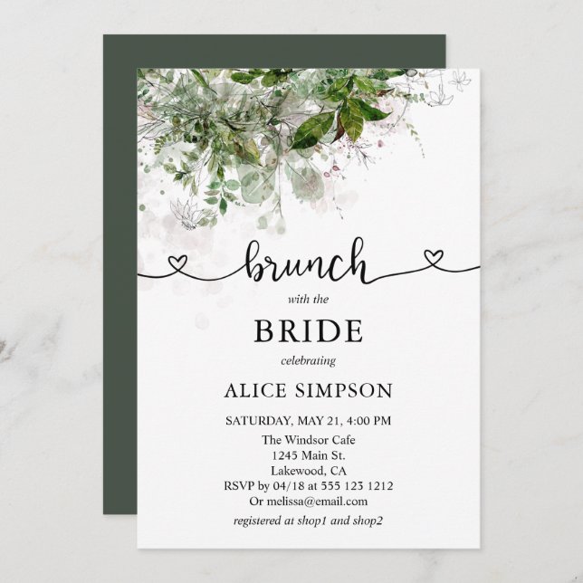 Boho Greenery Script Heart Brunch Bridal Shower Invitation (Front/Back)