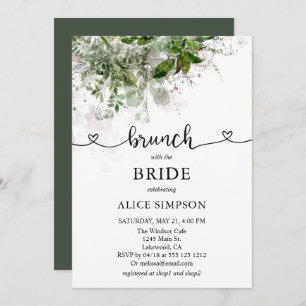 Boho Greenery Script Heart Brunch Bridal Shower Invitation