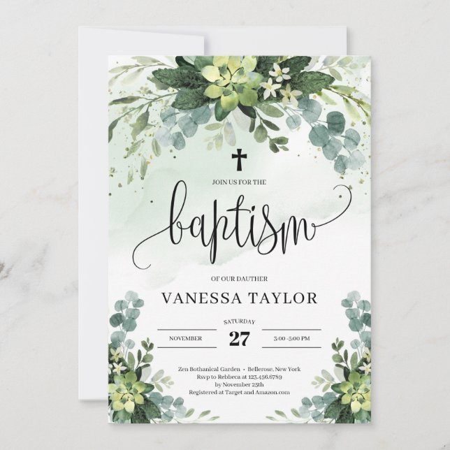 Boho greenery succulent flowers foliage baptism invitation (Front)
