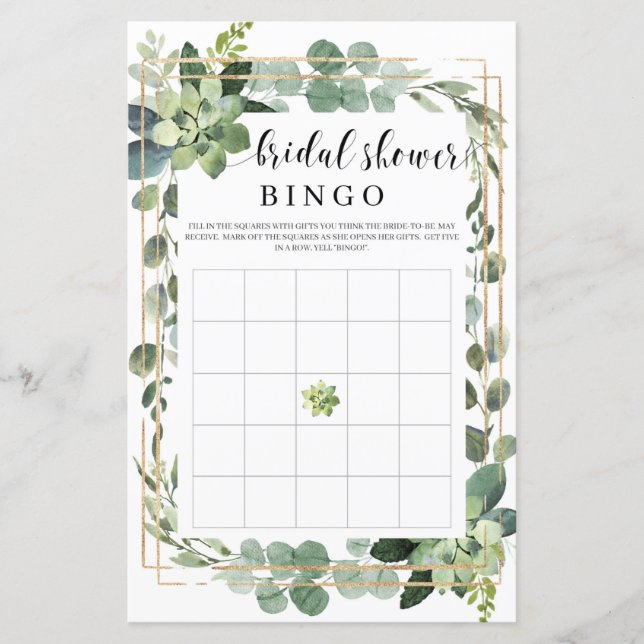 Boho greenery succulent flowers gold bridal bingo (Front)
