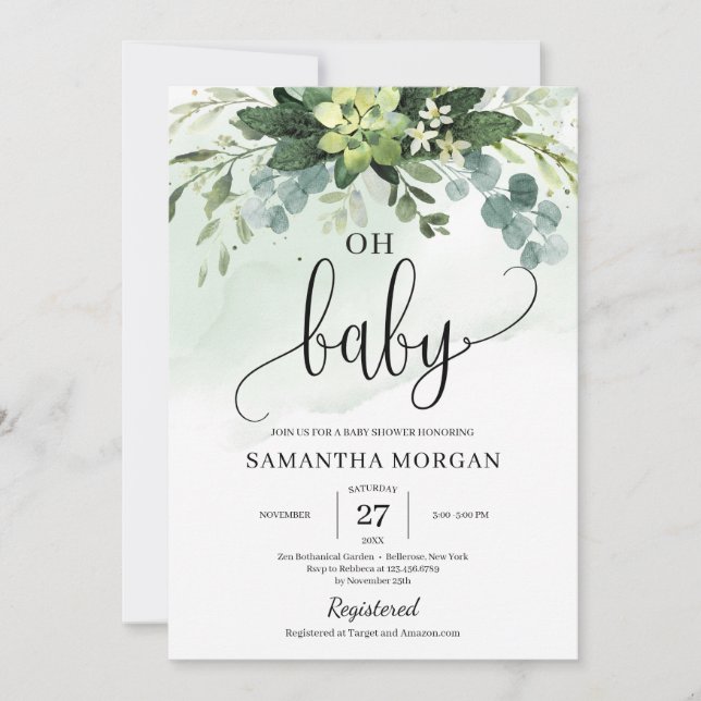 Boho greenery succulent foliage floral oh baby invitation (Front)