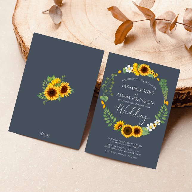 Boho Greenery Sunflower Royal Blue Wedding Invitation (Rustic Yellow and Navy Blue Sunflower Boho Wedding Invitation)