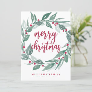 Boho Greenery Wreath Red Berries Merry Christmas Holiday Card