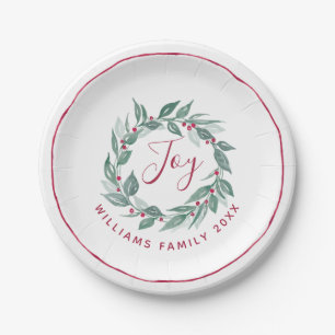 Boho Greenery Wreath Red Berries Name Holiday Paper Plate