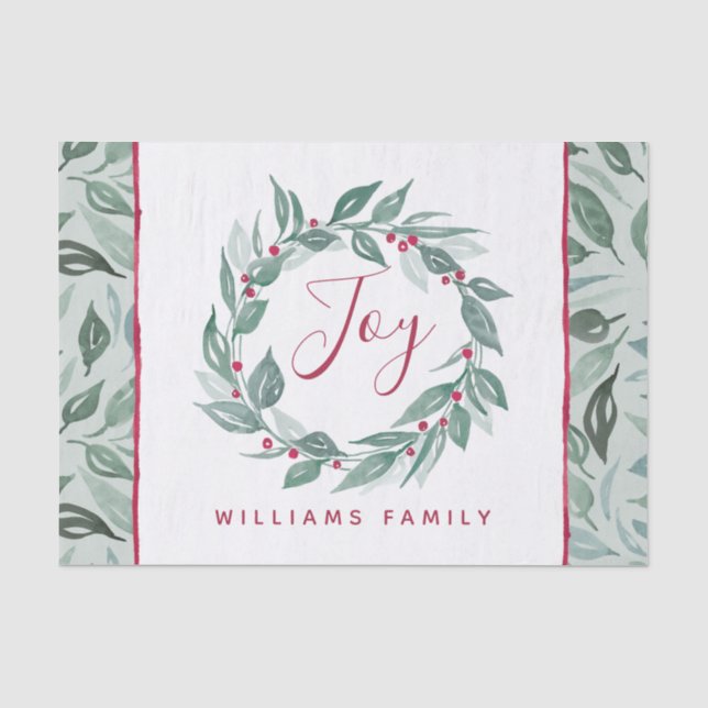 Boho Greenery Wreath Red Berries Name Holiday Tissue Paper (Front)