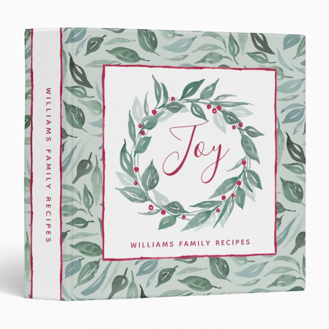 Boho Greenery Wreath Red Joy Script Family Name Binder (Front/Spine)