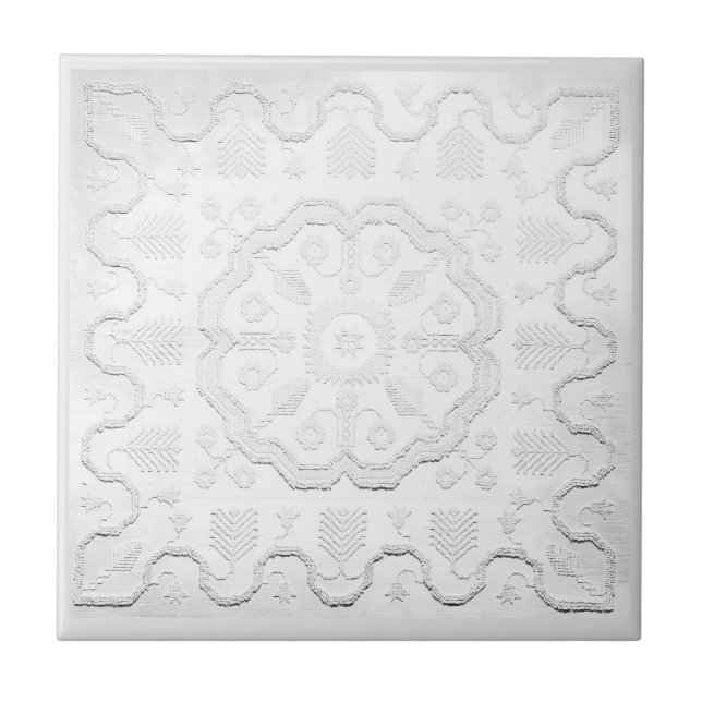 Boho Grey and White Faux Relief Flower Pattern Tile (Front)