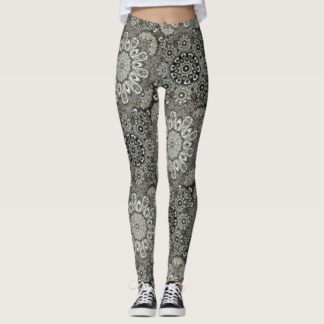 Boho Grey Black Mandala Pattern Leggings (Front)