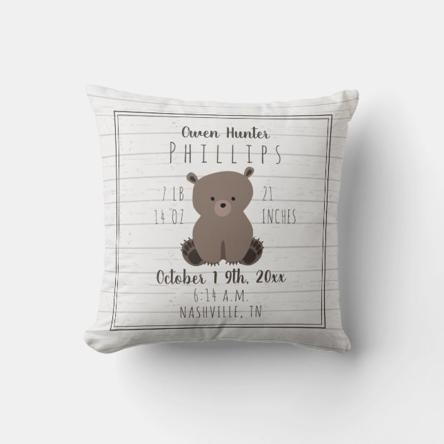 Boho Grey Wood Bear Cub Baby Boy Birth Stats Throw Pillow (Front)