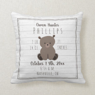 Boho Grey Wood Bear Cub Baby Boy Birth Stats Throw Pillow