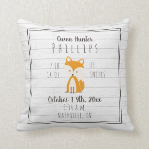 Boho Grey Wood Fox Baby Boy Birth Stats Throw Pillow