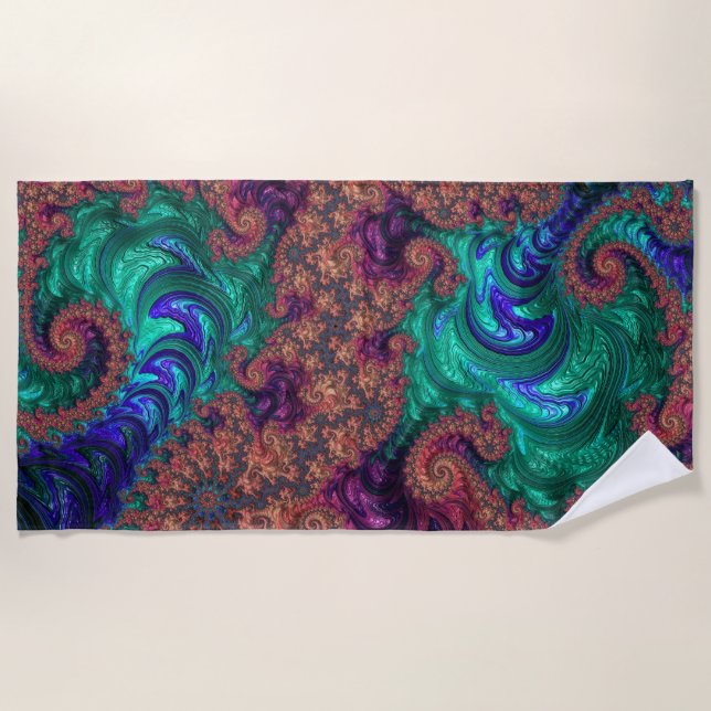 Boho Groovy Colourful Jewel Tone Abstract Fractal Beach Towel (Front)