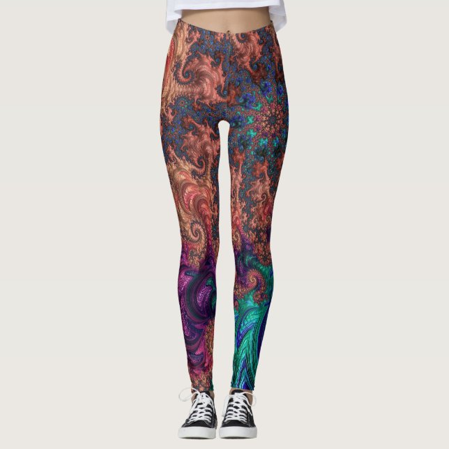Boho Groovy Colourful Jewel Tone Abstract Fractal Leggings (Front)