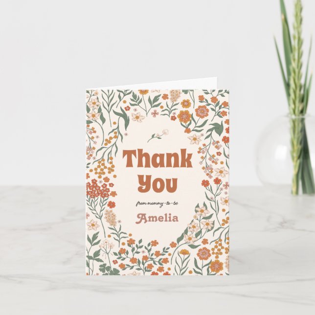 Boho Groovy Meadow Wildflower Baby Shower Thank You Card (Front)
