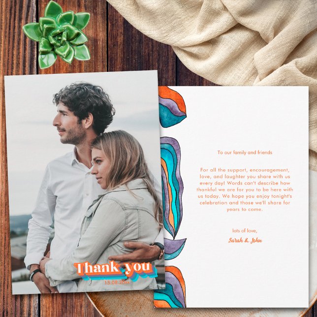 Boho Groovy Retro Blue Orange Typography Wavy Line Thank You Card (Front and Back)