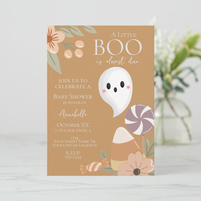 Boho Halloween Baby Shower Cute Ghost Dusty Orange Invitation (Standing Front)