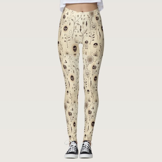 Boho Halloween Masks & Botanical Swirls Pattern Leggings (Front)