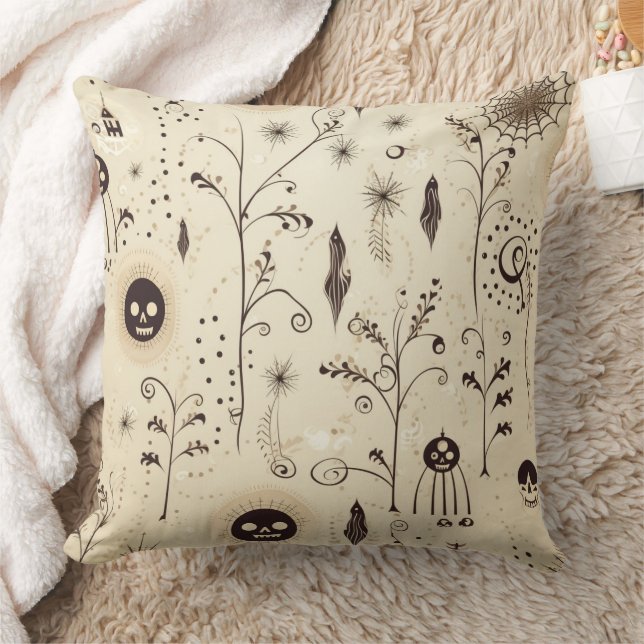 Boho Halloween Masks & Botanical Swirls Pattern Throw Pillow (Blanket)