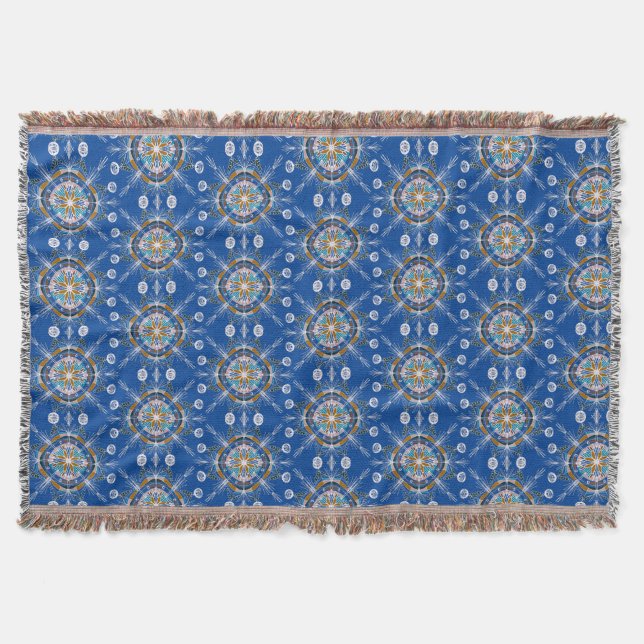 Boho Hand Drawn Mandala Blue Mustard Colourful Throw Blanket (Front)