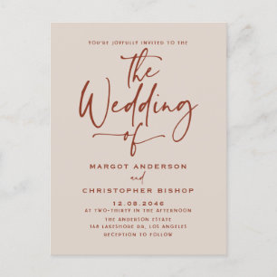 Boho Hand Lettered Calligraphy Terracotta Wedding Invitation Postcard