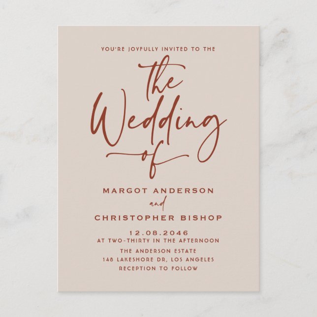Boho Hand Lettered Calligraphy Terracotta Wedding Invitation Postcard (Front)