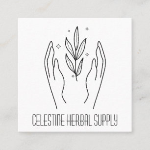 Boho Hands & Herb Leaves Organic Shop Logo Square Business Card