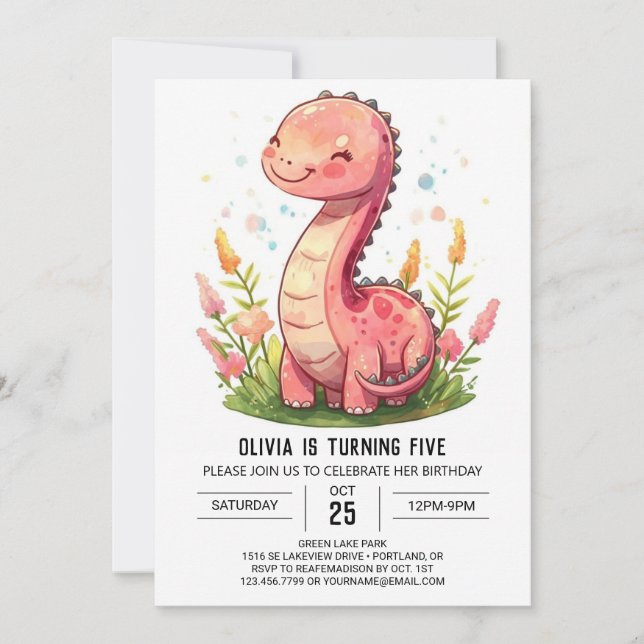 Boho Happy Pink Dinosaur Girl Birthday Invitation (Front)
