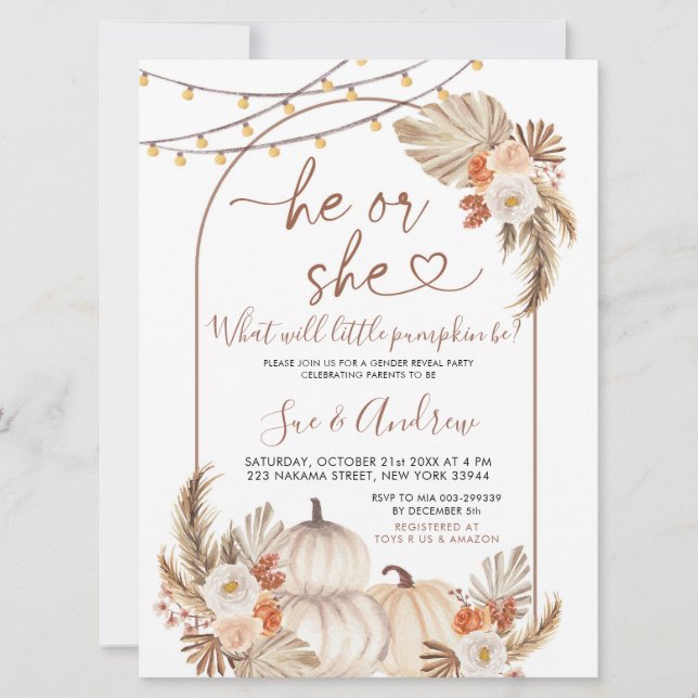 Boho He or She Pumpkin Fall Gender Reveal Invitation (Front)