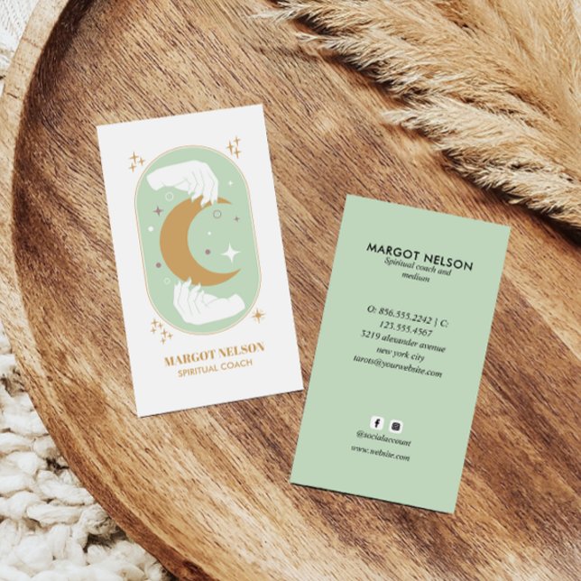 Boho Healing Hand Celestial Moon Tarot GREEN Business Card (Creator Uploaded)