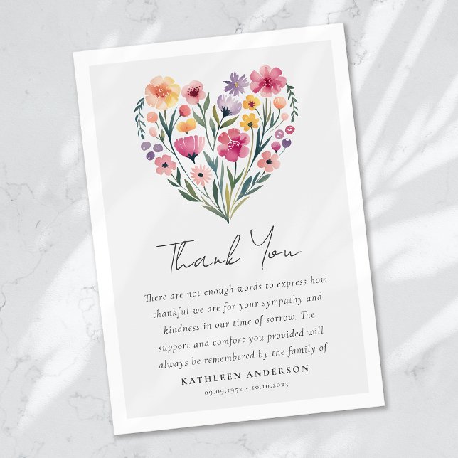 Boho Heart Floral Sympathy Funeral Thank You Card (Creator Uploaded)