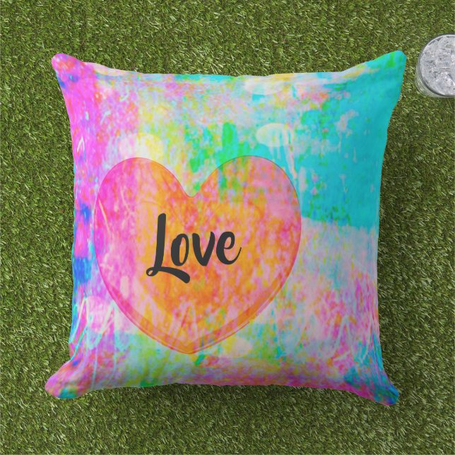 Boho Heart Love Collage Outdoor Pillow (Grass)
