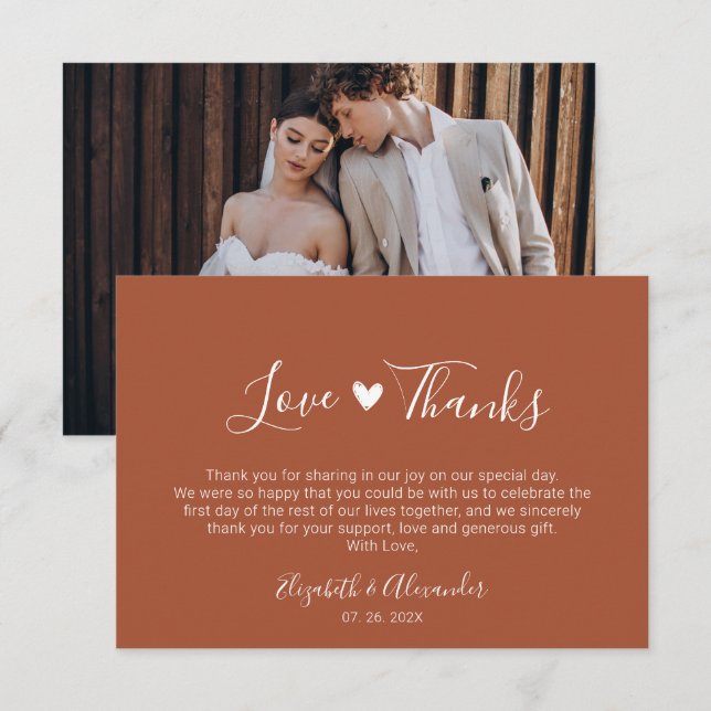 Boho Heart Script Earthy Terracotta Wedding Photo  Thank You Card (Front/Back)