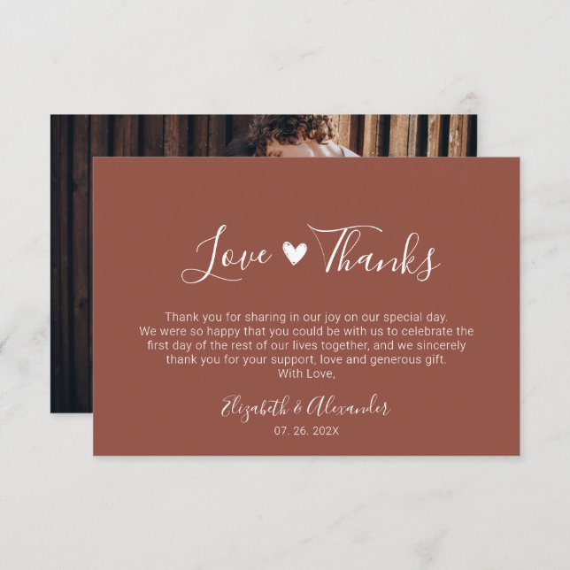 Boho Heart Script Earthy Terracotta Wedding Photo  Thank You Card (Front/Back)