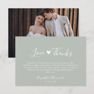 Boho Heart Script Sage Green Wedding Photo Thank You Card