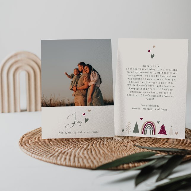 Boho Hearts Joy Beige Family Photo Christmas Holiday Card (Creator Uploaded)