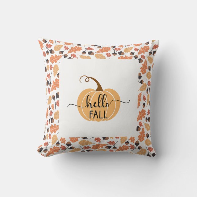 Boho Hello Fall Pumpkin with Autumn Leaves Throw Pillow (Front)