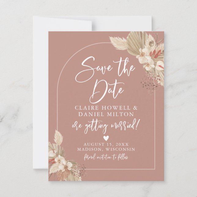Boho Herbe de Pampas Rose Terracotta Save The Date (Devant)