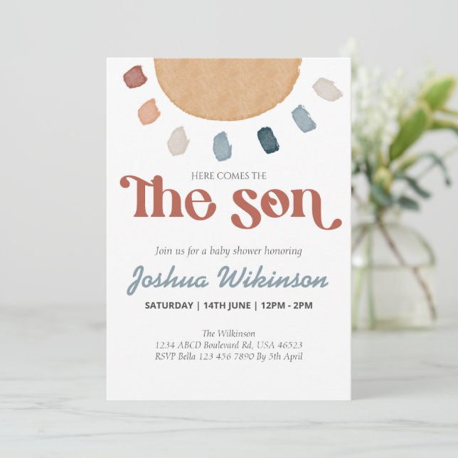Boho here comes the Son baby shower invitation (Standing Front)