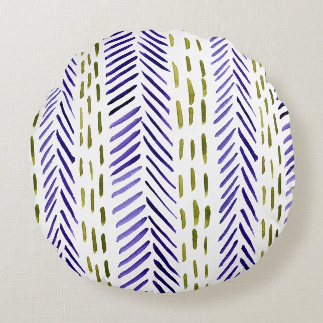 Boho herringbone pattern in purple and green round pillow (Front)