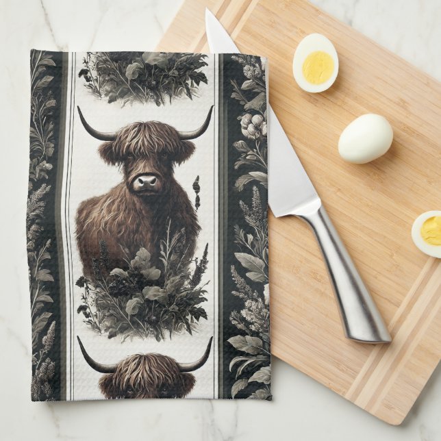 Boho Highland Cow Kitchen Towel (Quarter Fold)