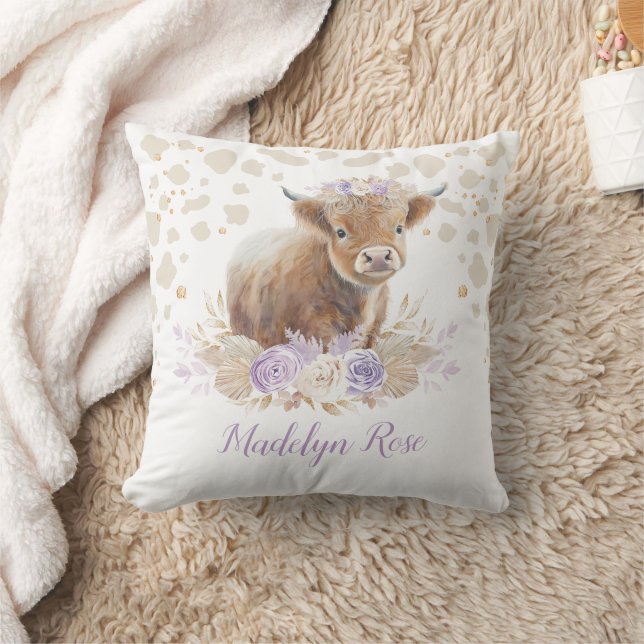 Boho Highland Cow Lavender Gold Floral Baby Girl Throw Pillow (Blanket)