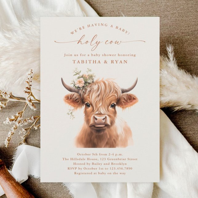 Boho Highland Cow Neutral Couples Baby Shower Invitation (Highland Cow Country Floral Farm Couples Baby Shower Invitation.)