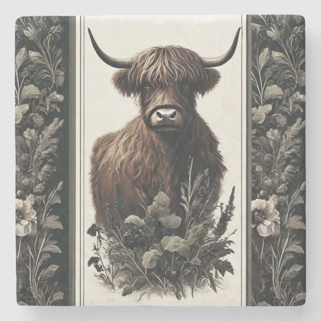 Boho Highland Cow Stone Coaster (Front)