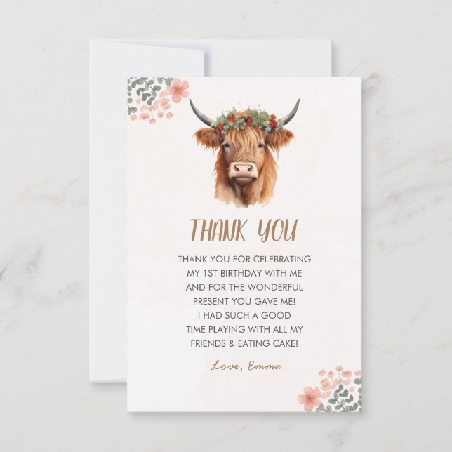 Boho Highland Cow Thank You Card (Front)