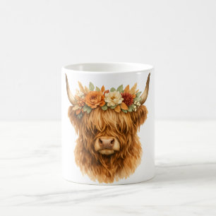 Boho Highland Cow Throw Pillow with Floral Crown Coffee Mug