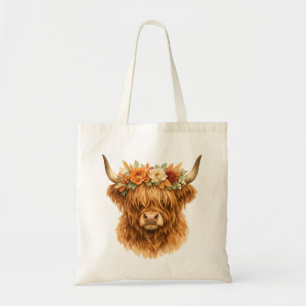 Boho Highland Cow Throw Pillow with Floral Crown Tote Bag