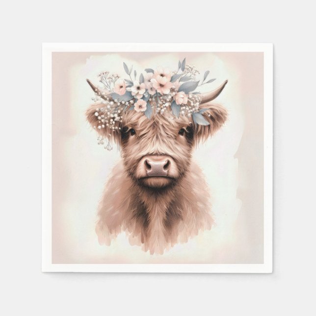 Boho Highland Cow With Bridal Floral Crown Napkin (Front)
