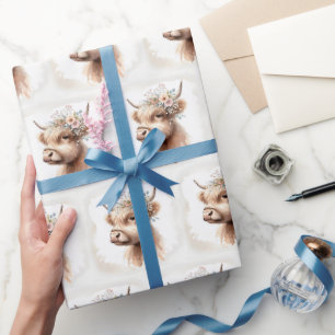 Boho Highland Cow With Bridal Flowers Wrapping Paper