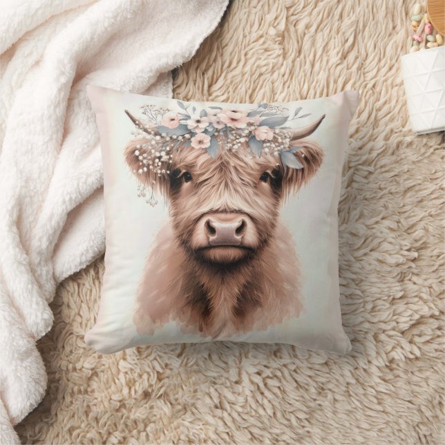 Boho Highland Cow With Floral Crown Throw Pillow (Blanket)